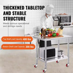 VEVOR Table de Travail en Acier Inoxydable 89 x 61 x 84 cm, Capacité de Charge 317,5 kg avec 4 Roues, 3 Niveaux de Hauteur Réglables, Argent