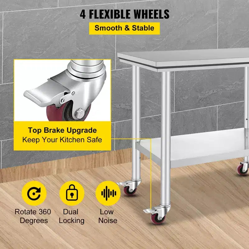 VEVOR Table de Travail en Acier Inoxydable 89 x 61 x 84 cm, Capacité de Charge 317,5 kg avec 4 Roues, 3 Niveaux de Hauteur Réglables, Argent