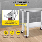 VEVOR Table de Travail en Acier Inoxydable 89 x 61 x 84 cm, Capacité de Charge 317,5 kg avec 4 Roues, 3 Niveaux de Hauteur Réglables, Argent