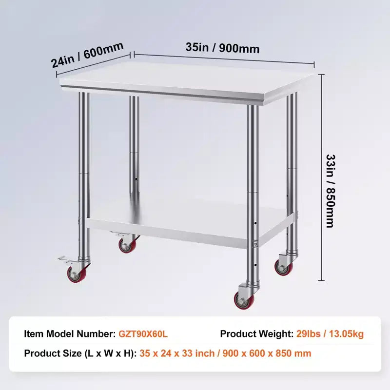 VEVOR Table de Travail en Acier Inoxydable 89 x 61 x 84 cm, Capacité de Charge 317,5 kg avec 4 Roues, 3 Niveaux de Hauteur Réglables, Argent