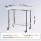 VEVOR Table de Travail en Acier Inoxydable 89 x 61 x 84 cm, Capacité de Charge 317,5 kg avec 4 Roues, 3 Niveaux de Hauteur Réglables, Argent