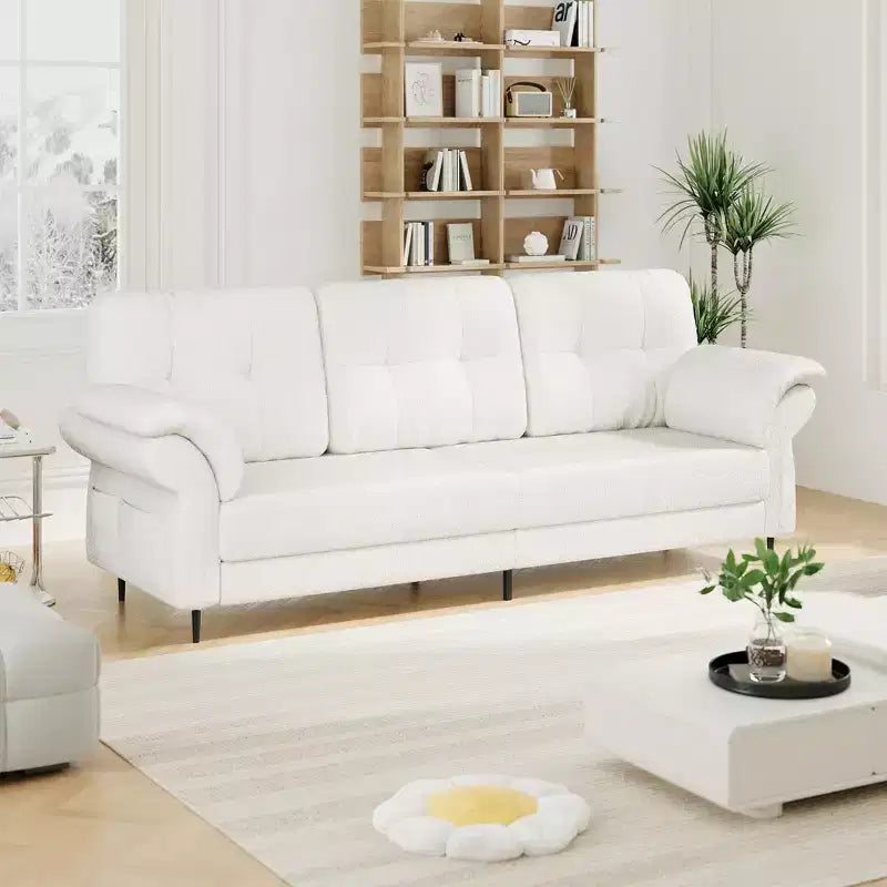 Canapés en velours Teddy GustoWave 84'' pour salon avec accoudoirs incurvés, canapé minimaliste 3 places avec poches latérales pratiques
