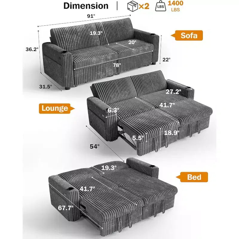 Canapé convertible sectionnel Dyonery de 231 cm avec lit gigogne, dossier inclinable/deux lits gigognes/ports USB/porte-gobelets, en velours côtelé moelleux