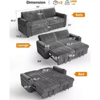 Canapé convertible sectionnel Dyonery de 231 cm avec lit gigogne, dossier inclinable/deux lits gigognes/ports USB/porte-gobelets, en velours côtelé moelleux