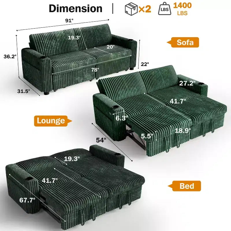 Canapé convertible sectionnel Dyonery de 231 cm avec lit gigogne, dossier inclinable/deux lits gigognes/ports USB/porte-gobelets, en velours côtelé moelleux