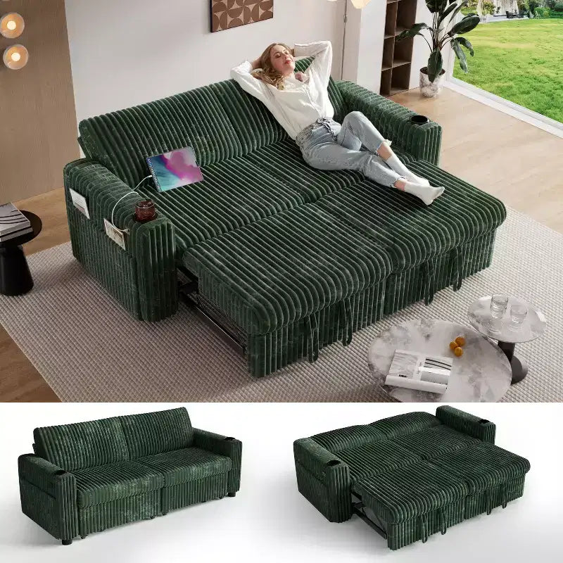 Canapé convertible sectionnel Dyonery de 231 cm avec lit gigogne, dossier inclinable/deux lits gigognes/ports USB/porte-gobelets, en velours côtelé moelleux