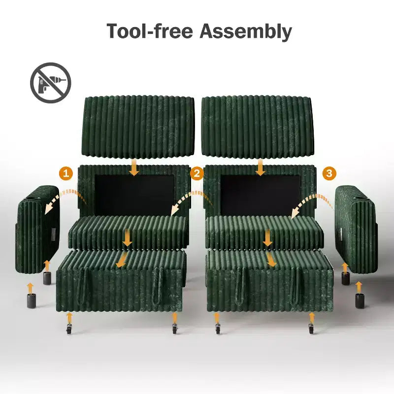 Canapé convertible sectionnel Dyonery de 231 cm avec lit gigogne, dossier inclinable/deux lits gigognes/ports USB/porte-gobelets, en velours côtelé moelleux