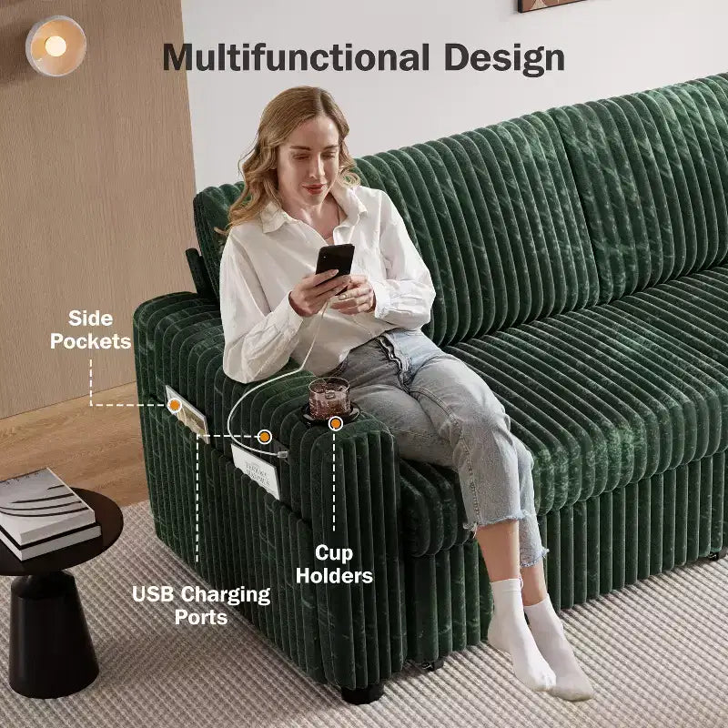 Canapé convertible sectionnel Dyonery de 231 cm avec lit gigogne, dossier inclinable/deux lits gigognes/ports USB/porte-gobelets, en velours côtelé moelleux