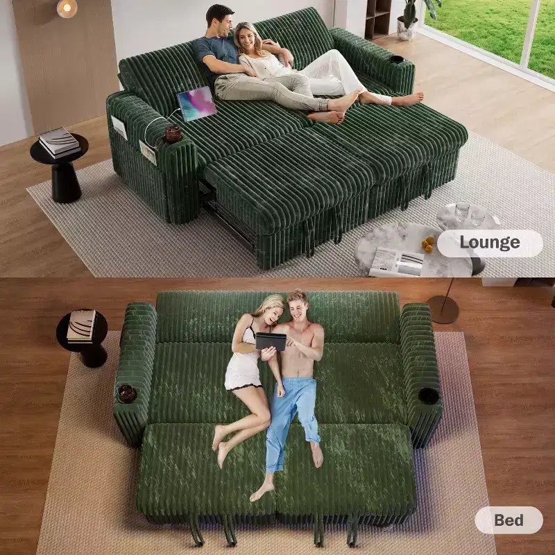 Canapé convertible sectionnel Dyonery de 231 cm avec lit gigogne, dossier inclinable/deux lits gigognes/ports USB/porte-gobelets, en velours côtelé moelleux