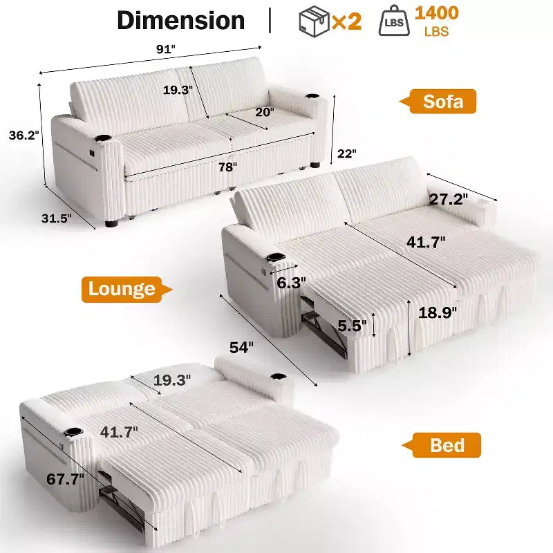 Canapé convertible sectionnel Dyonery de 231 cm avec lit gigogne, dossier inclinable/deux lits gigognes/ports USB/porte-gobelets, en velours côtelé moelleux