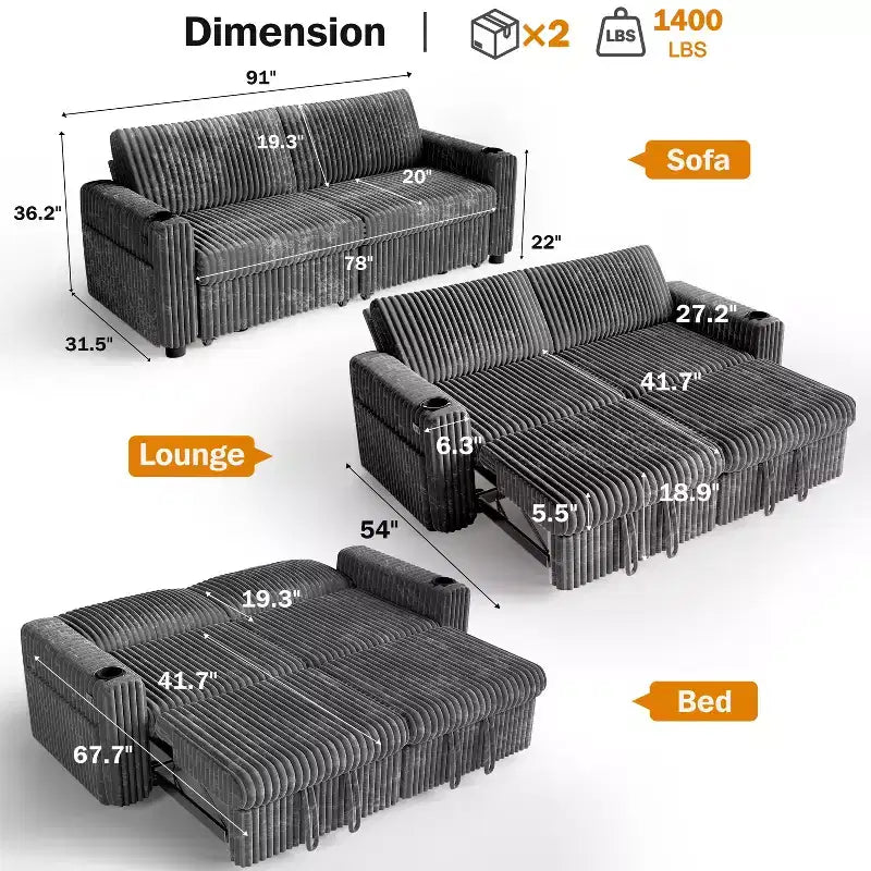 Canapé convertible sectionnel Dyonery de 231 cm avec lit gigogne, dossier inclinable/deux lits gigognes/ports USB/porte-gobelets, en velours côtelé moelleux