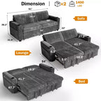 Canapé convertible sectionnel Dyonery de 231 cm avec lit gigogne, dossier inclinable/deux lits gigognes/ports USB/porte-gobelets, en velours côtelé moelleux