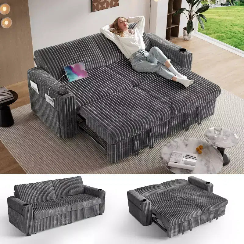 Canapé convertible sectionnel Dyonery de 231 cm avec lit gigogne, dossier inclinable/deux lits gigognes/ports USB/porte-gobelets, en velours côtelé moelleux