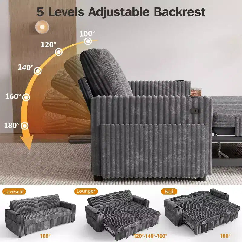 Canapé convertible sectionnel Dyonery de 231 cm avec lit gigogne, dossier inclinable/deux lits gigognes/ports USB/porte-gobelets, en velours côtelé moelleux