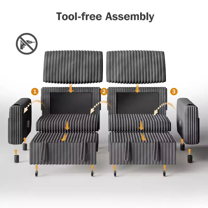 Canapé convertible sectionnel Dyonery de 231 cm avec lit gigogne, dossier inclinable/deux lits gigognes/ports USB/porte-gobelets, en velours côtelé moelleux