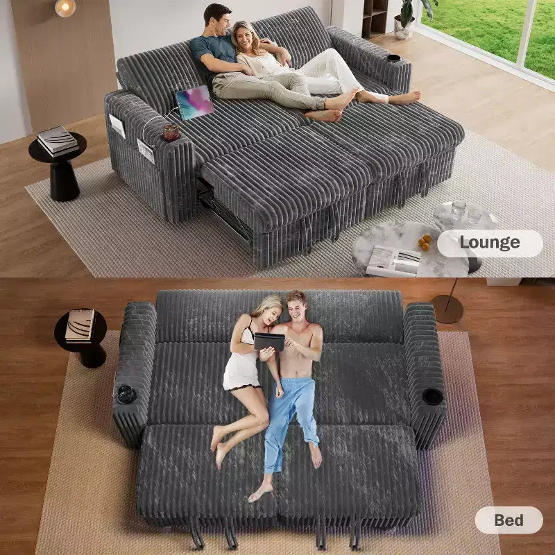 Canapé convertible sectionnel Dyonery de 231 cm avec lit gigogne, dossier inclinable/deux lits gigognes/ports USB/porte-gobelets, en velours côtelé moelleux