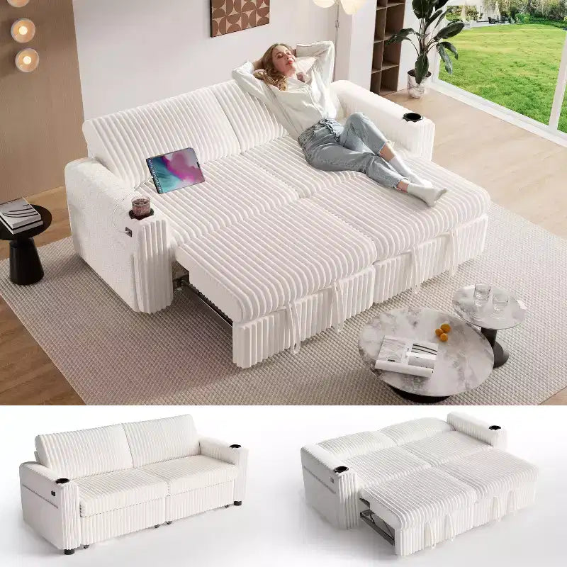 Canapé convertible sectionnel Dyonery de 231 cm avec lit gigogne, dossier inclinable/deux lits gigognes/ports USB/porte-gobelets, en velours côtelé moelleux