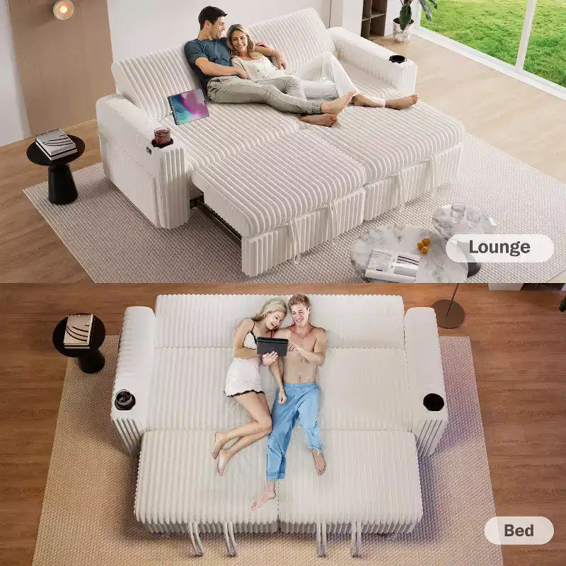 Canapé convertible sectionnel Dyonery de 231 cm avec lit gigogne, dossier inclinable/deux lits gigognes/ports USB/porte-gobelets, en velours côtelé moelleux