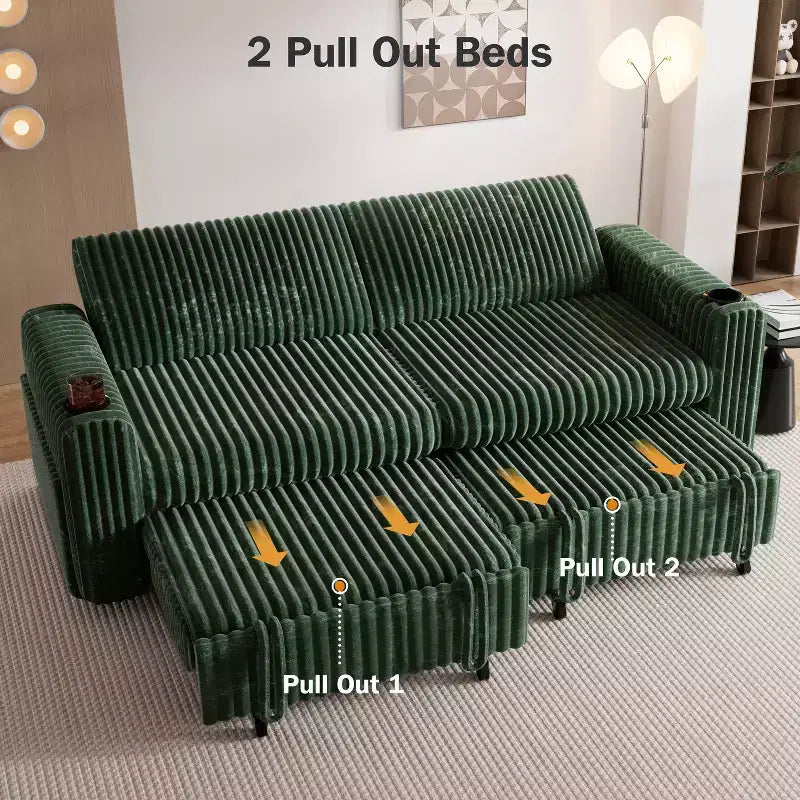 Canapé convertible sectionnel Dyonery de 231 cm avec lit gigogne, dossier inclinable/deux lits gigognes/ports USB/porte-gobelets, en velours côtelé moelleux