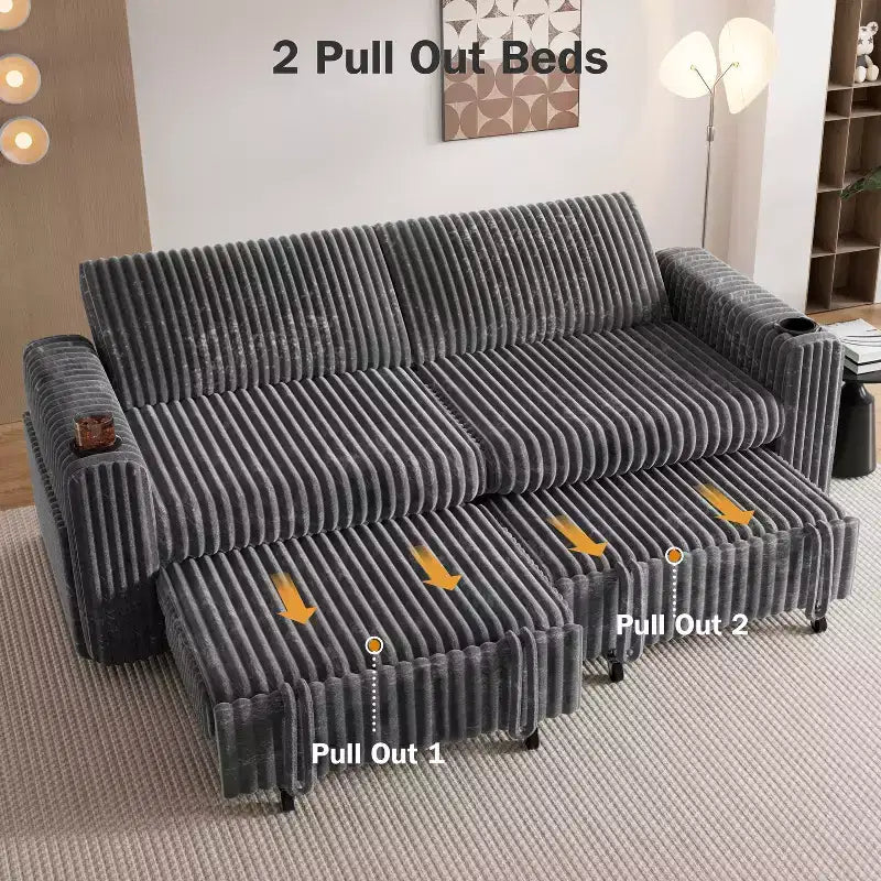 Canapé convertible sectionnel Dyonery de 231 cm avec lit gigogne, dossier inclinable/deux lits gigognes/ports USB/porte-gobelets, en velours côtelé moelleux