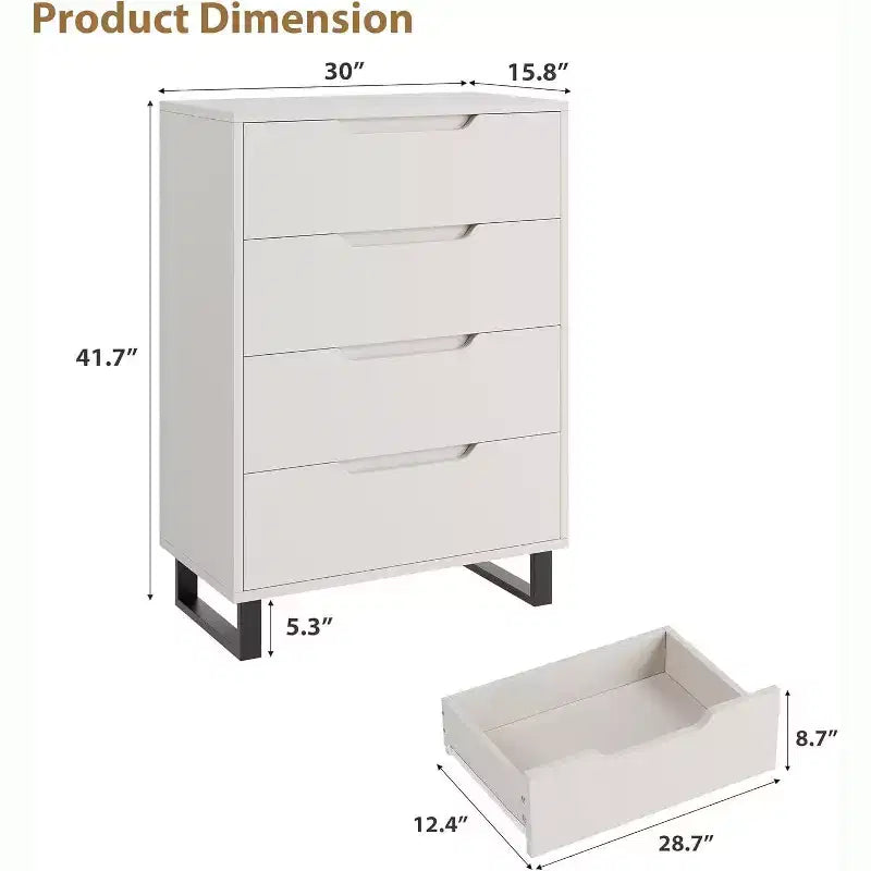 Commode verticale à 4 tiroirs de 41,5 po – Armoire de rangement en bois autoportante pour chambre à coucher ou salon