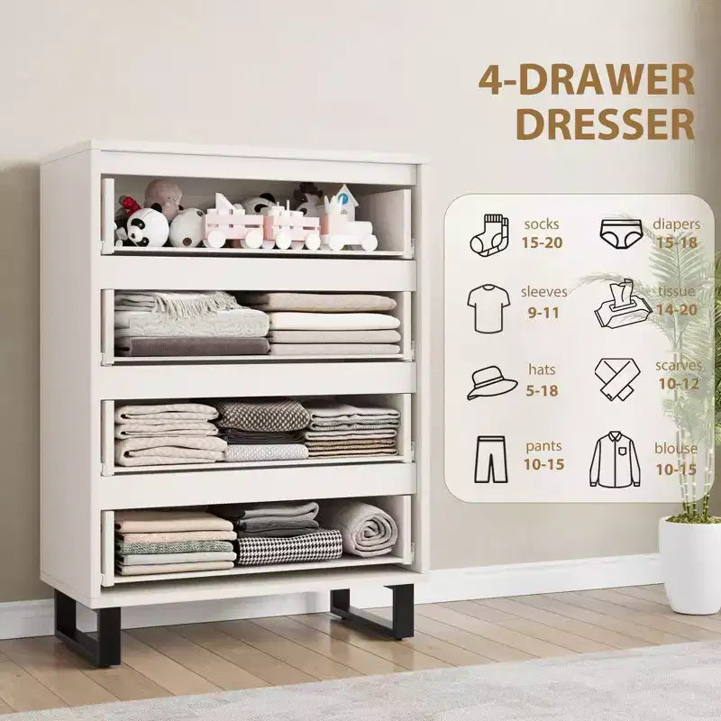 Commode verticale à 4 tiroirs de 41,5 po – Armoire de rangement en bois autoportante pour chambre à coucher ou salon