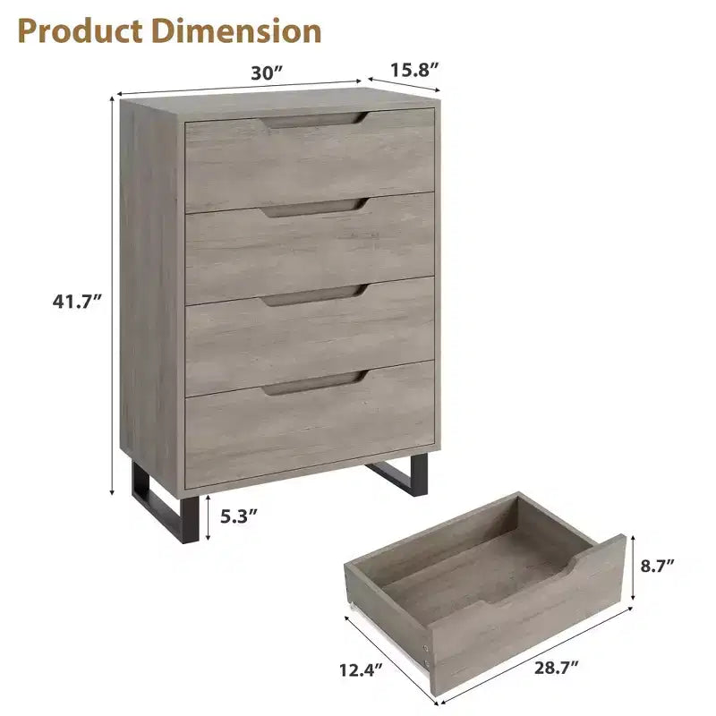 Commode verticale à 4 tiroirs de 41,5 po – Armoire de rangement en bois autoportante pour chambre à coucher ou salon