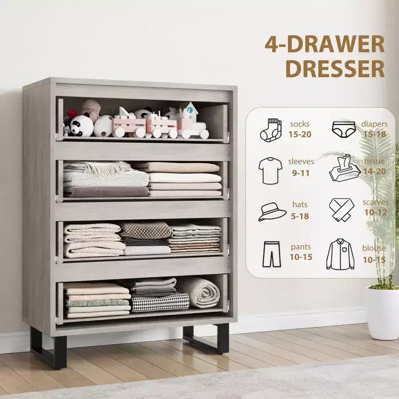 Commode verticale à 4 tiroirs de 41,5 po – Armoire de rangement en bois autoportante pour chambre à coucher ou salon