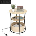 HOMCOM Side Table with Charging Station, 3-Tier Round End Table with Fabric Storage Bag, Shelf and Steel Frame for Living Room, Natural Wood