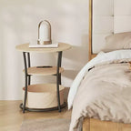 Table d'appoint HOMCOM avec station de charge, Table d'appoint ronde à 3 niveaux avec sac de rangement en tissu, étagère et cadre en acier pour salon, Bois naturel