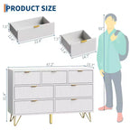 Commode GustoWave à 7 tiroirs, 120 cm de large, commode moderne en bois avec pieds et poignées en métal doré, organisateur de rangement étroit pour entrée
