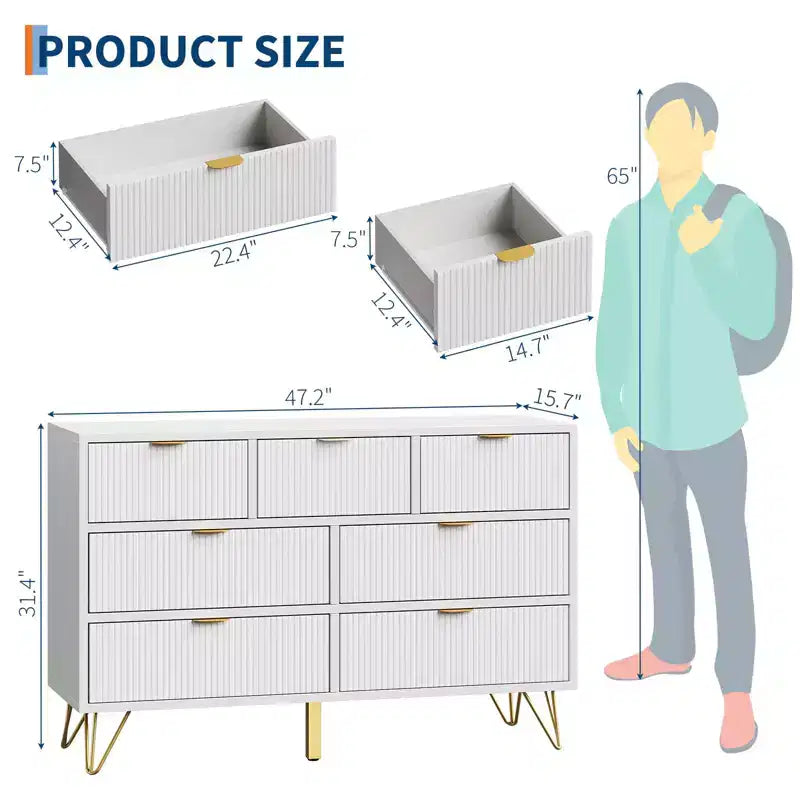 Commode GustoWave à 7 tiroirs, 120 cm de large, commode moderne en bois avec pieds et poignées en métal doré, organisateur de rangement étroit pour entrée
