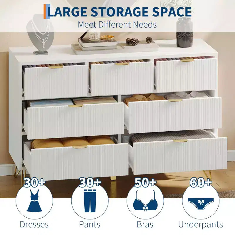 Commode GustoWave à 7 tiroirs, 120 cm de large, commode moderne en bois avec pieds et poignées en métal doré, organisateur de rangement étroit pour entrée