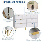 Commode GustoWave à 7 tiroirs, 120 cm de large, commode moderne en bois avec pieds et poignées en métal doré, organisateur de rangement étroit pour entrée