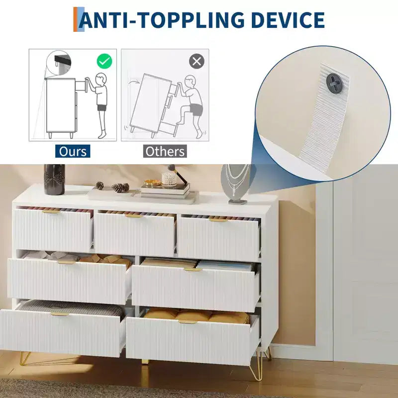 Commode GustoWave à 7 tiroirs, 120 cm de large, commode moderne en bois avec pieds et poignées en métal doré, organisateur de rangement étroit pour entrée