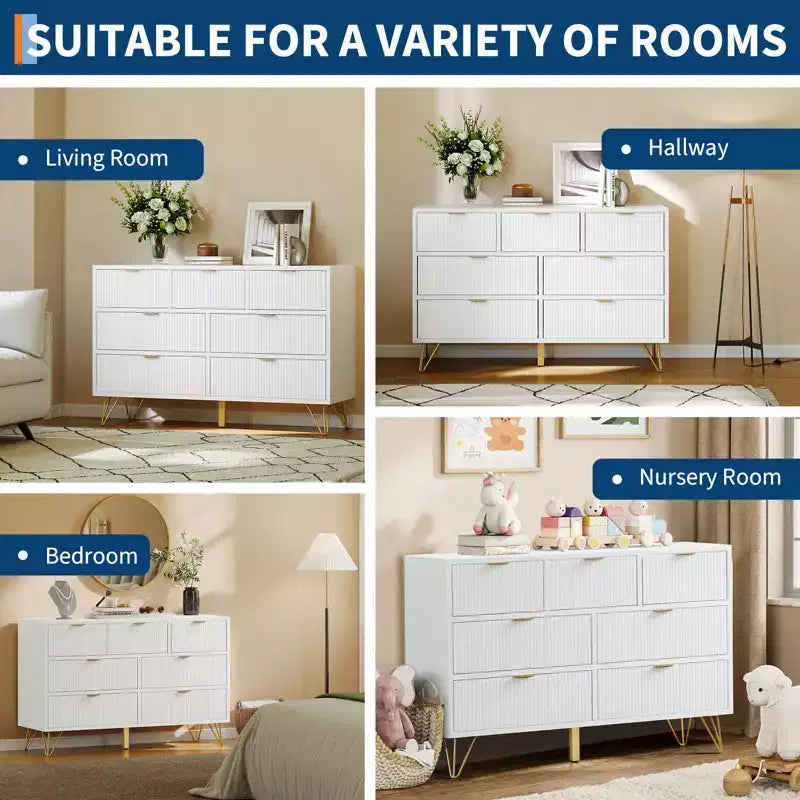 Commode GustoWave à 7 tiroirs, 120 cm de large, commode moderne en bois avec pieds et poignées en métal doré, organisateur de rangement étroit pour entrée