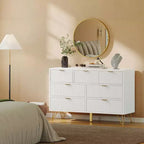 Commode GustoWave à 7 tiroirs, 120 cm de large, commode moderne en bois avec pieds et poignées en métal doré, organisateur de rangement étroit pour entrée