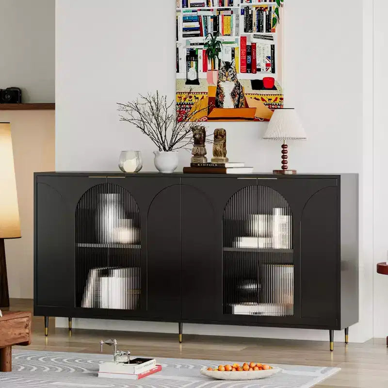 Meuble d'appoint | Buffet laqué en bois avec 4 portes vitrées | Armoire de rangement