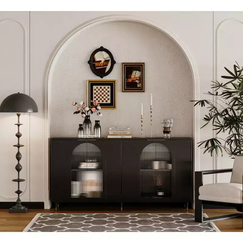 Meuble d'appoint | Buffet laqué en bois avec 4 portes vitrées | Armoire de rangement