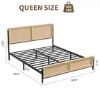 Cadre de lit Boho avec tête et pied de lit en rotin naturel, lit plateforme double en bois sans sommier tapissier, assemblage facile sans bruit en métal.