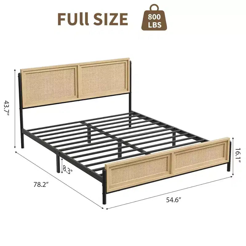 Cadre de lit Boho avec tête et pied de lit en rotin naturel, lit plateforme double en bois sans sommier tapissier, assemblage facile sans bruit en métal.