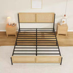Cadre de lit Boho avec tête et pied de lit en rotin naturel, lit plateforme double en bois sans sommier tapissier, assemblage facile sans bruit en métal.