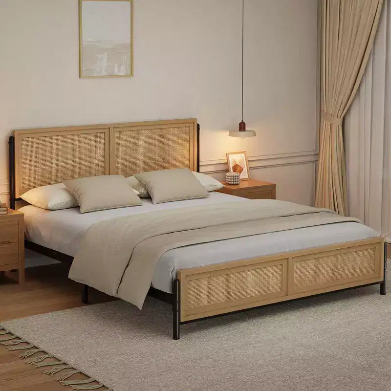 Cadre de lit Boho avec tête et pied de lit en rotin naturel, lit plateforme double en bois sans sommier tapissier, assemblage facile sans bruit en métal.