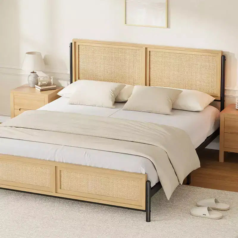 Cadre de lit Boho avec tête et pied de lit en rotin naturel, lit plateforme double en bois sans sommier tapissier, assemblage facile sans bruit en métal.