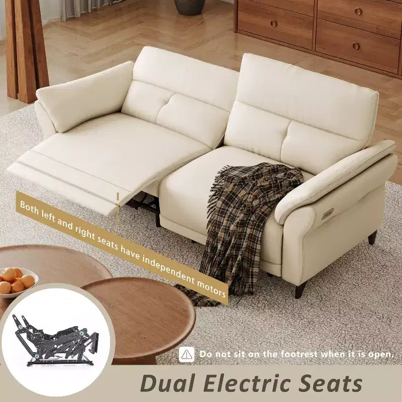 Canapé inclinable électrique en cuir pleine fleur ATJafurn avec double moteur, canapé sectionnel inclinable moderne blanc avec console et ports USB pour salon