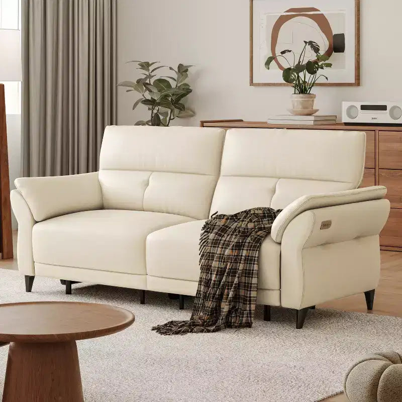 Canapé inclinable électrique en cuir pleine fleur ATJafurn avec double moteur, canapé sectionnel inclinable moderne blanc avec console et ports USB pour salon