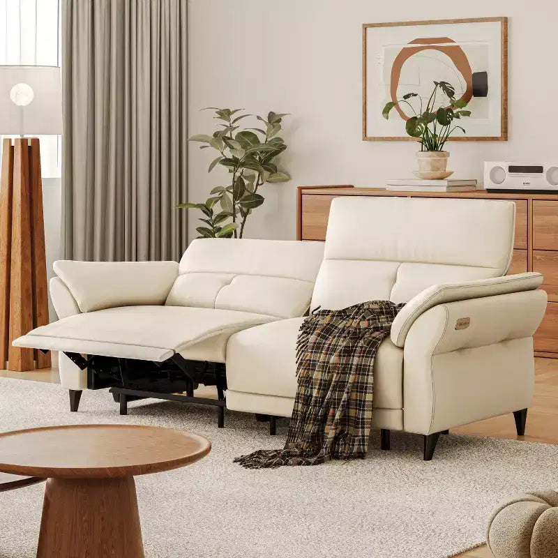 Canapé inclinable électrique en cuir pleine fleur ATJafurn avec double moteur, canapé sectionnel inclinable moderne blanc avec console et ports USB pour salon