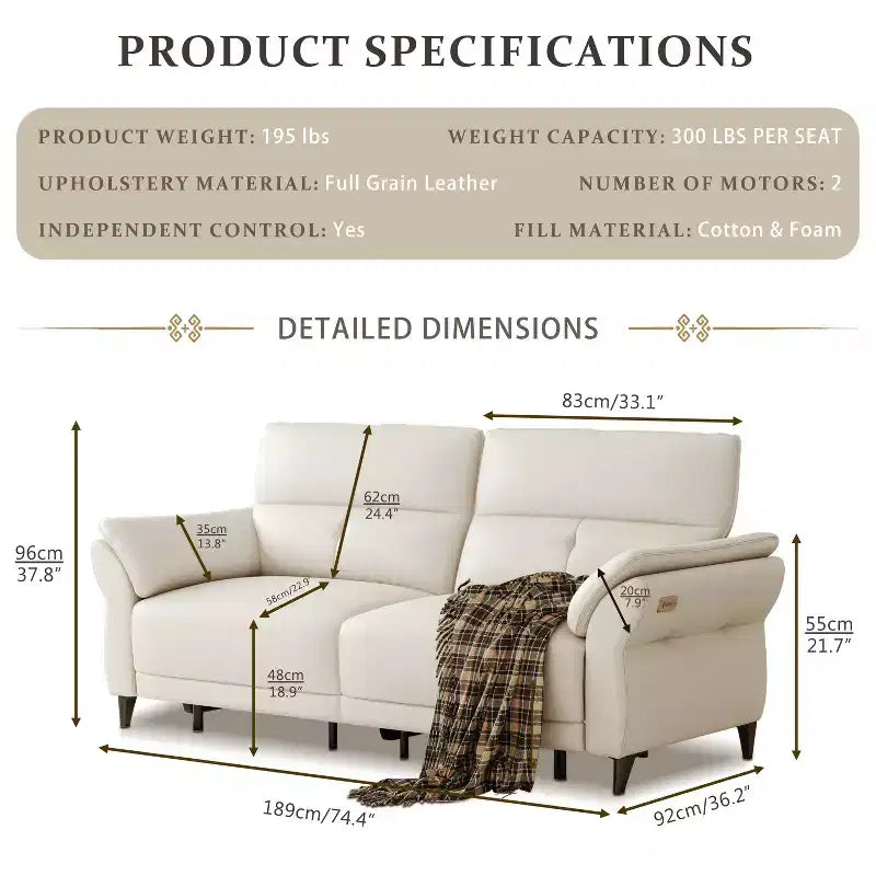 Canapé inclinable électrique en cuir pleine fleur ATJafurn avec double moteur, canapé sectionnel inclinable moderne blanc avec console et ports USB pour salon