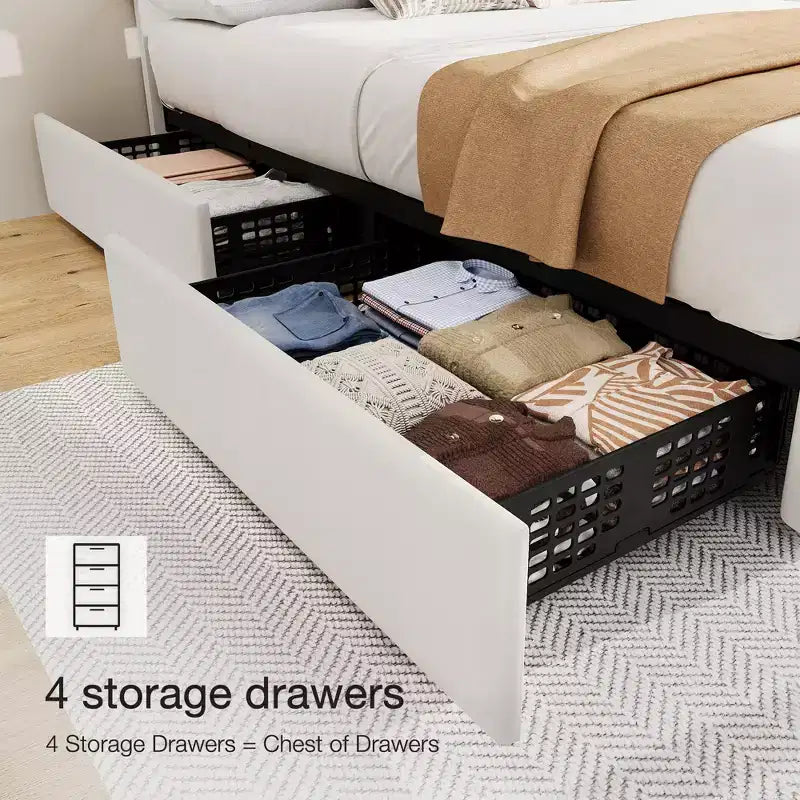 Cadre de lit plateforme King Size avec tête de lit réglable et 4 tiroirs, cadre de lit moderne gris rembourré avec pied de lit, support à lattes en bois