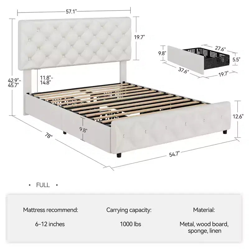 Cadre de lit plateforme King Size avec tête de lit réglable et 4 tiroirs, cadre de lit moderne gris rembourré avec pied de lit, support à lattes en bois